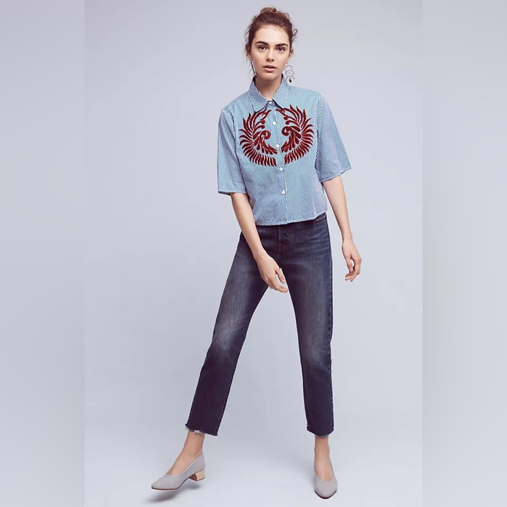 ☑️Hemant & Nandita Crop Button Down Marne Embroidered Blouse xs